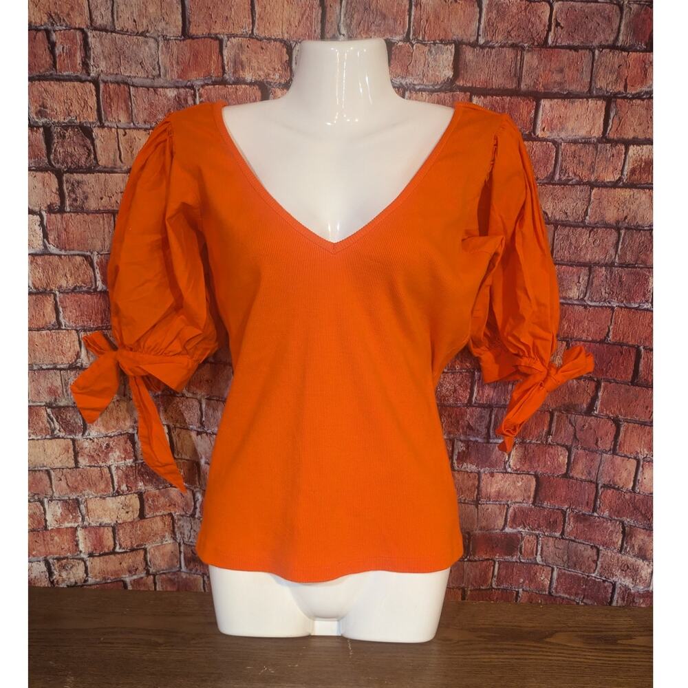 Maeve Anthropologie  Orange Puff-Sleeved Blouse Top Size S